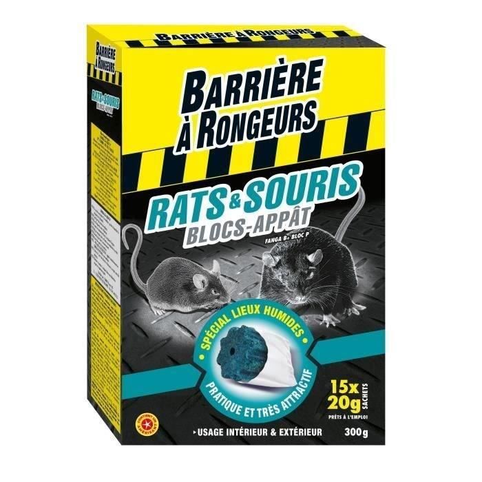 BARRIERE A RONGEURS Blocs appâts pour rats et souris - Spécial lieux humides - 15 x 20 g