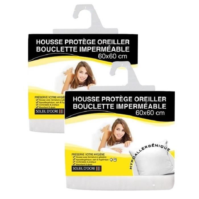 SOLEIL D'OCRE Lot de 2 Protège Oreillers bouclette imperméable 60x60 cm blanc