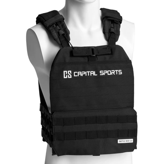 CAPITAL SPORTS Battlevest 2.0 Veste lestée de poids 13 kg - 4 disques en acier -2x 2,5kg + 2x 4kg) - Noire