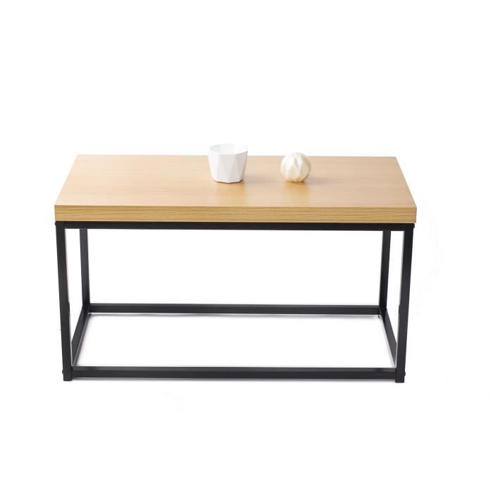 Table Basse Salon - Grand Plateau - 90x50x43 - Style Industrielle,Scandinave,Vintage - Finition Laminée - Pieds métal - Bois Clair