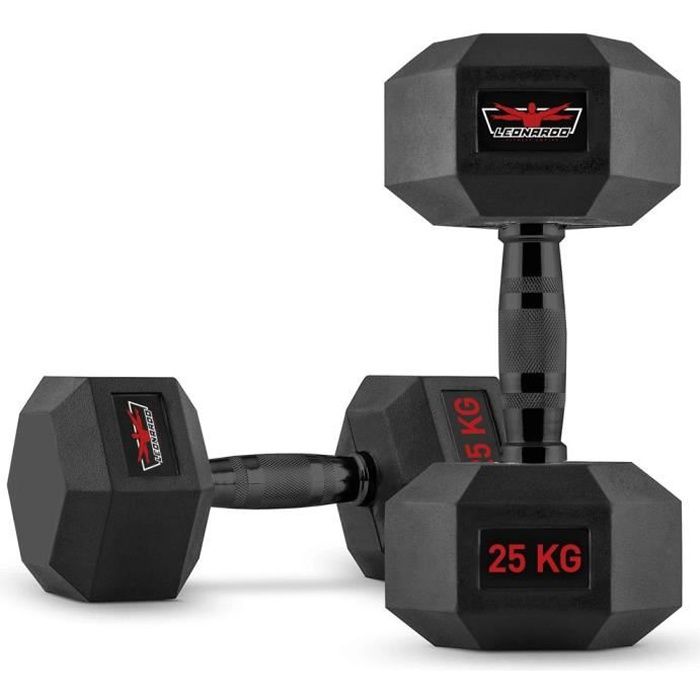 Set de 2 haltères hexagonaux crossfit en caoutchouc et acier 25 kg Goemon