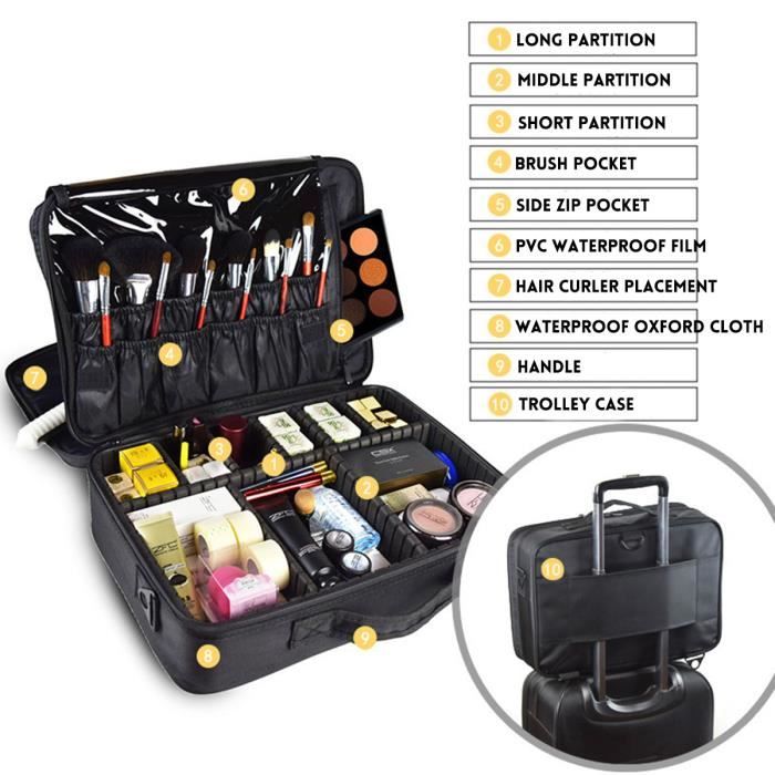 NEUFU Boîte Sac Rangement Maquillage Trousse Toilette Pochette Cosmetique zippe Voyage Noir 3 couches