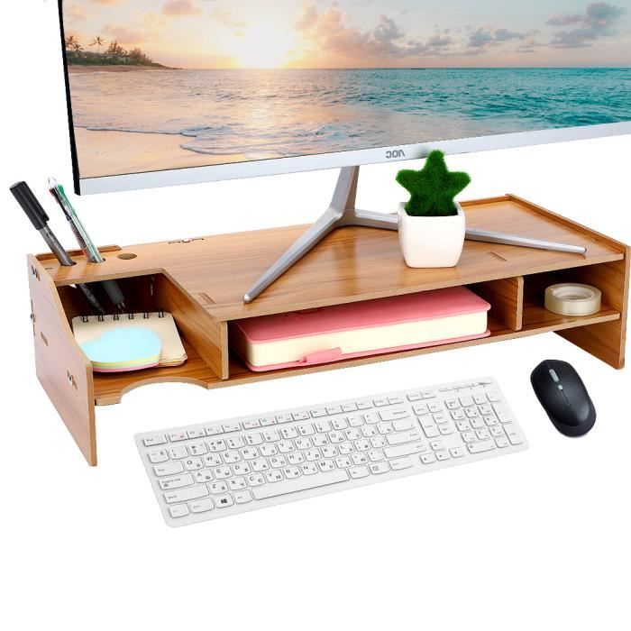 Support de Moniteur Ordinateur Portable en Bois 2 Couches 48x20x11cm Réhausseur d'Écran PC Moniteur Stand Rangement pour Bureau