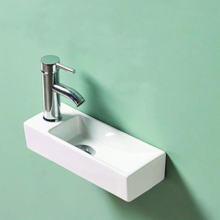 Lave main Rectangulaire Gain de place Gauche - Céramique Blanc - 38x15 cm - Minimalist.