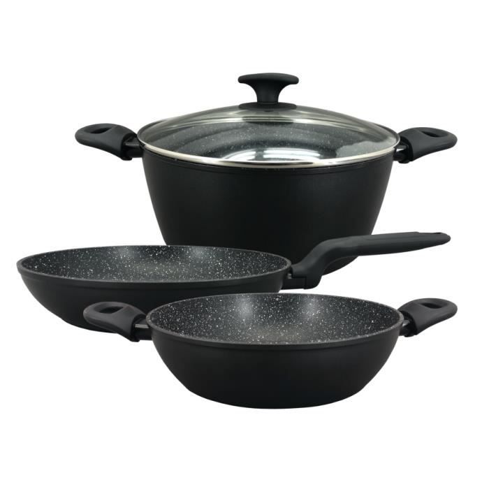 Haut Gamme Lot Faitout + Poele + Wok Revêtement AntiAdhésif Marbre Turbo Induction Tous Types Feux 28 cm