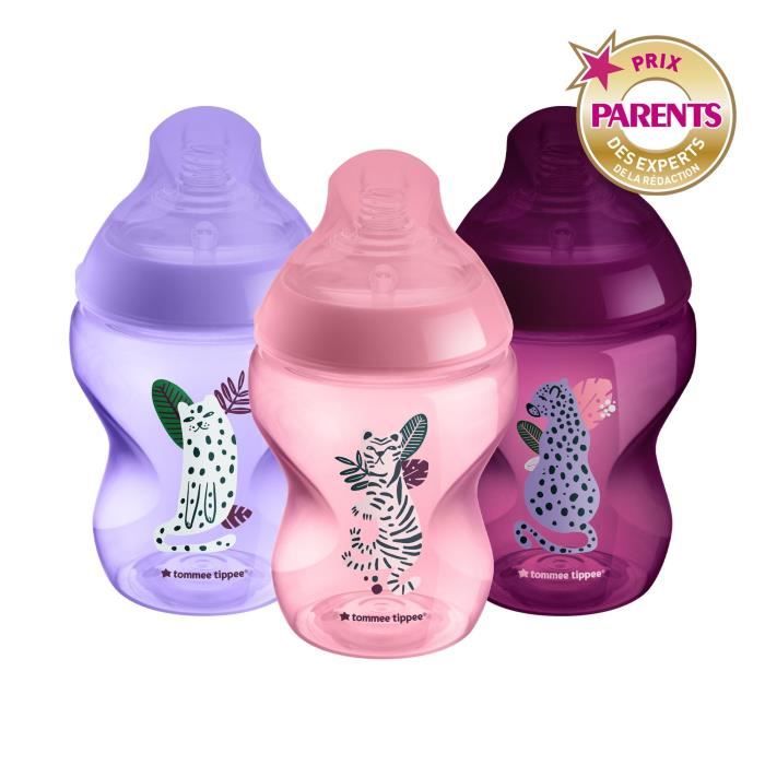 Tommee Tippee - Biberons Closer to Nature - Tétine Imitant le Sein Maternel avec Valve Anti-Colique - 260 ml - Lot de 3 - Rose