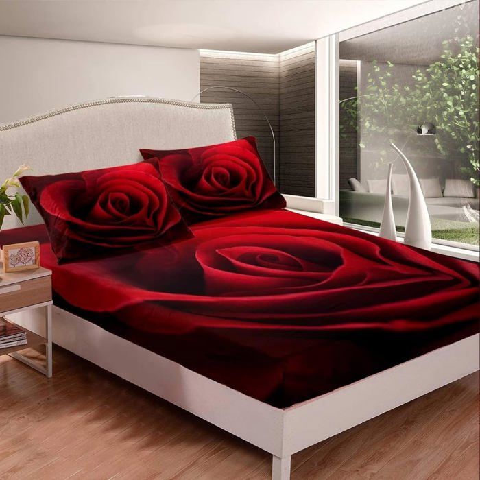 Drap Housse 160x200 Cm Rouge Noël 3D – Microfibre Douce – Poche Profonde 30 Cm – Inclut 2 Taies D’Oreiller