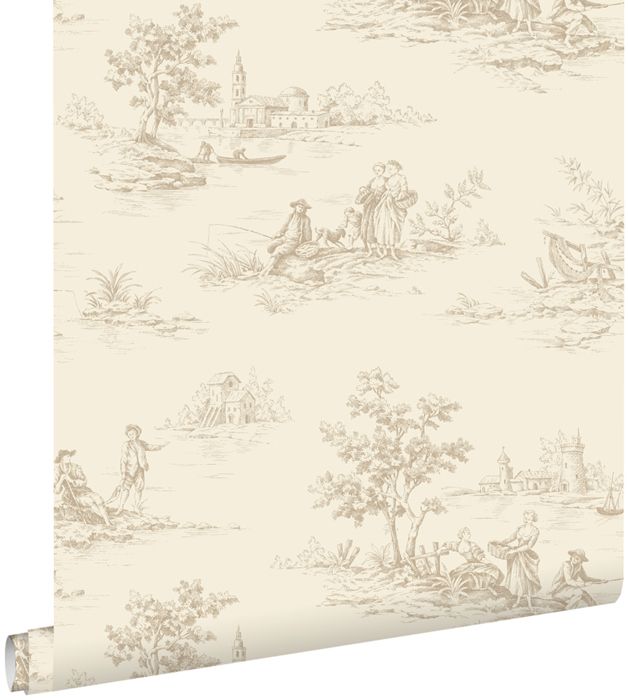 ESTAhome -  papier peint - toile de jouy - beige clair - 50 x 900 cm