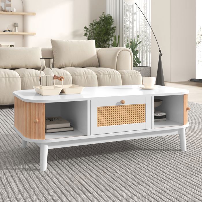 Table basse en rotin tiroir avec rotin et porte coulissante avec lattes en bois massif pieds en bois massif naturel