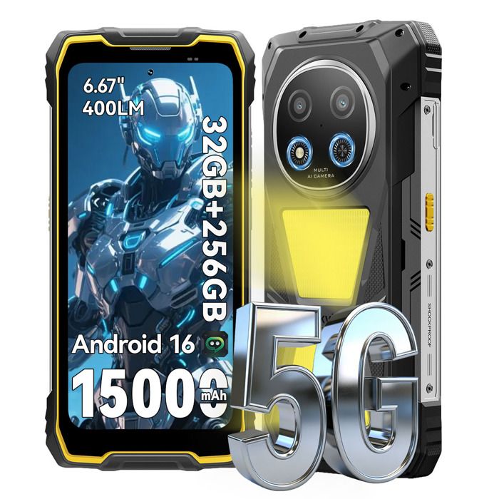 Blackview ROCK 2 Pro 5G Téléphone Portable Incassable 667 Android 16Lampe Camping 400lm32Go+256Go15000mAhIP69K/IP68NFCJaune