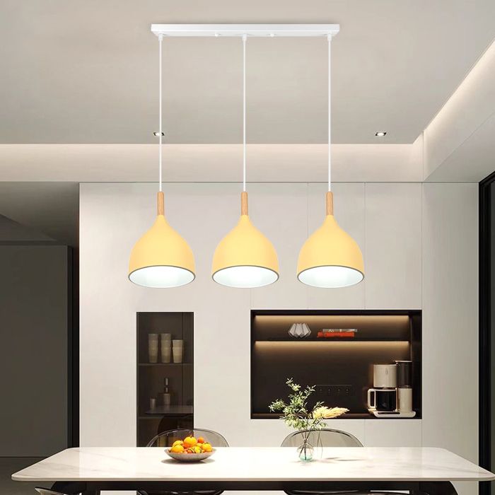 SNOGOLD Suspension Rétro à 3 Lampes Ø17cm Lustre Moderne en Métal Bois E27 Luminaire Plafonnier pour Chambre Cuisine Beige