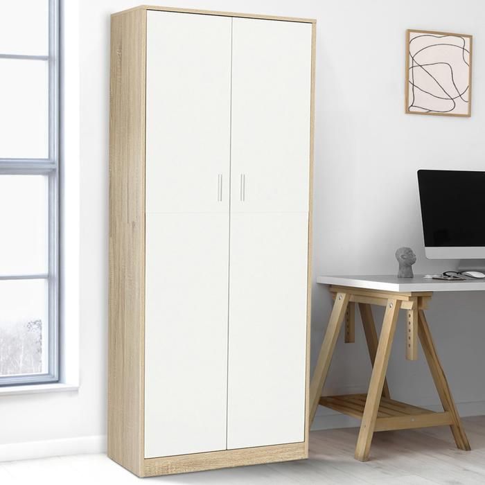 IDMARKET Armoire de bureau 190 cm multifonction MARIA bois et blanc 2 portes 4 étagères IDMARKET Armoire de bureau 190 cm multifonction MARIA bois et blanc 2 portes 4 étagères