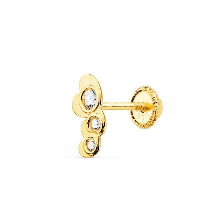 Boucle doreille piercing en or 18 carats avec trois cœurs de 7 mm avec zircone au centre