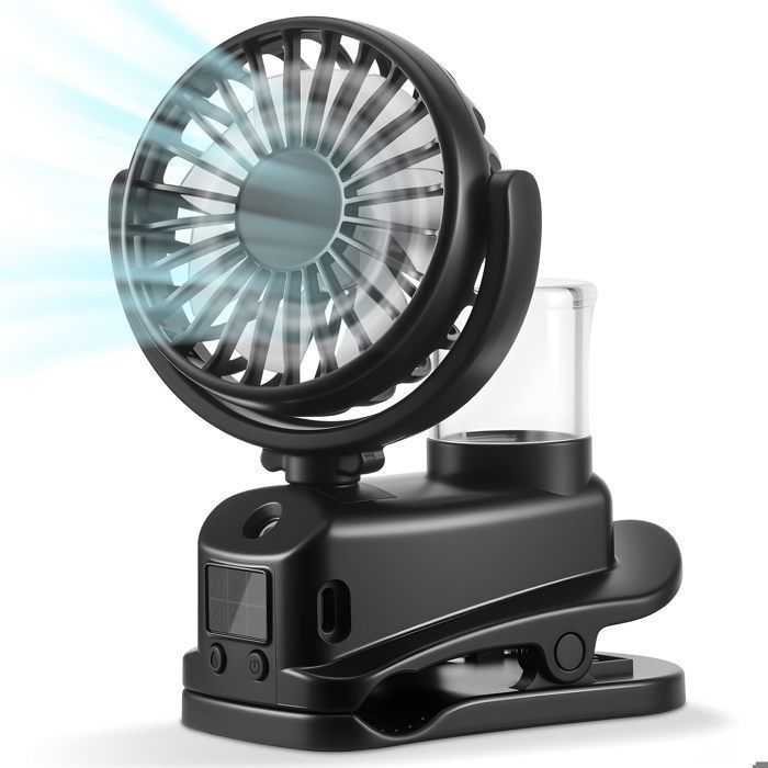 Ventilateur brumisateur à pince avec écran LED mini ventilateur portable rechargeable 4 vitesses pour bureau (noir) - Alfoyu