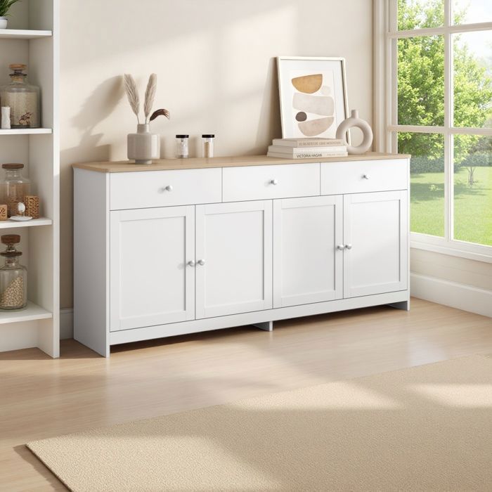 Buffet bahut avec 3 tiroirs et 4 portes ADWOLT Buffet Moderne Buffet Bas Rangement Armoire de Cuisine 160x37x75cm Blanc