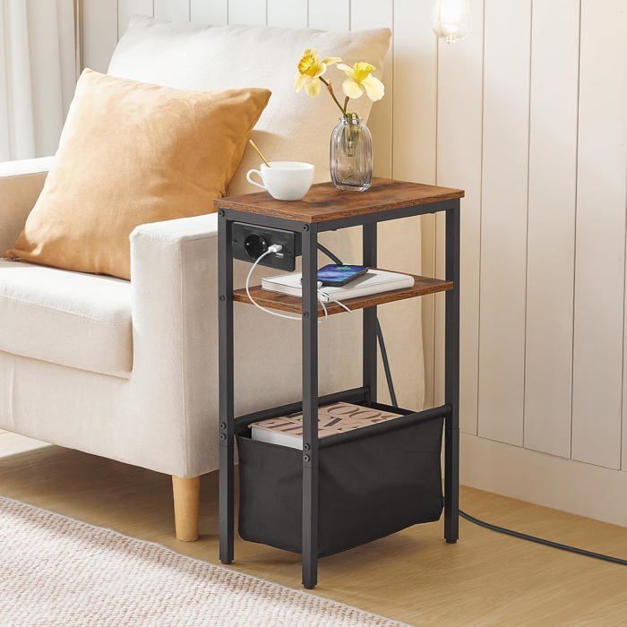 HOOBRO Table d’Appoint Table de Chevet avec Station de Charge et Rangement Bout de Canapé Marron Rustique et Noir