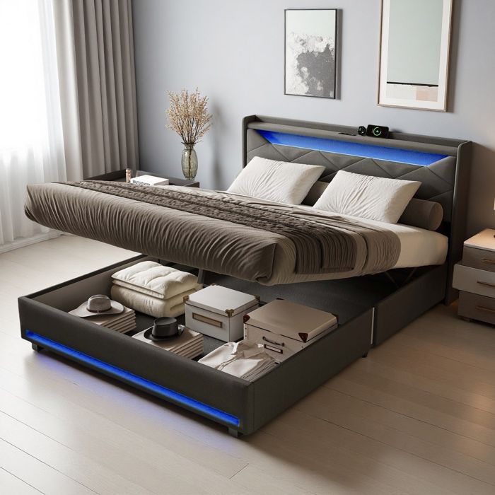 Lit coffre en tissu - Lit double 140x200 cm - Rangement intégral surdimensionné - LED RGB 2 zones - Prises UE/USB
