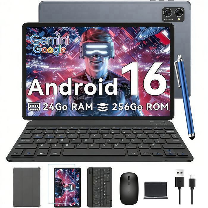 VekfulPC T20 Tablette Tactile 101 Pouces24Go RAM 256GoClavier + StyletAndroid 16Wi-Fi 5 GHzGemini AIWidevine L15000 mAh