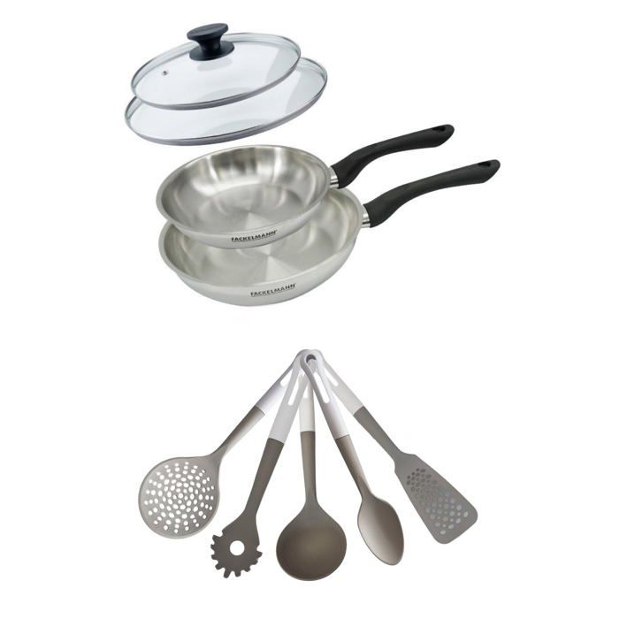 Lot de 2 Poêles en inox 20/24 cm avec couvercles Fackelmann Geneva avec 5 ustensiles de cuisine Lot de 2 Poêles en inox 20/24 cm avec couvercles Fackelmann Geneva avec 5 ustensiles de cuisine