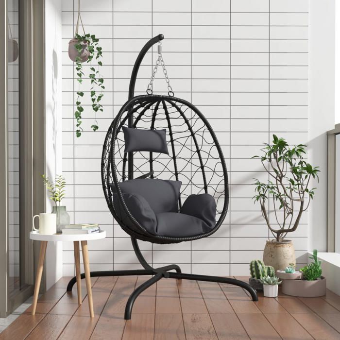 En solde Fauteuil suspendu œuf - BURKE - charge maximale : 150 kg - avec coussin en polyrotin et acier anthracite J6426