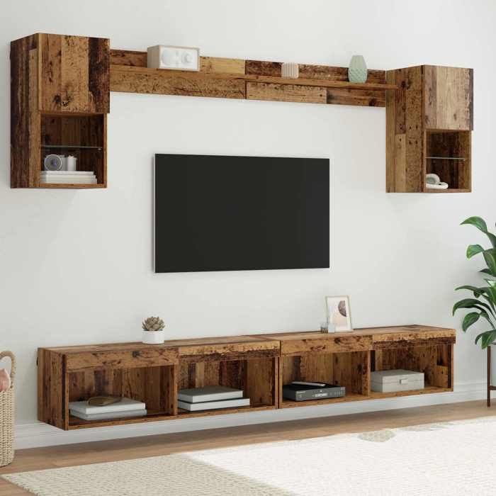 NEW 2026 LED Unités murales TV lot de 6 Meubles TV Moderne Bois ancien Bois dingénierie 221x30x60 cm L7314