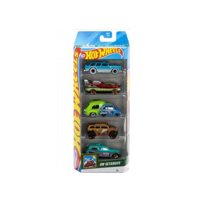 Coffret 5 Véhicules Hot Wheels : HW Getaways - Set Voitures Miniatures + Carte tigre - Jouet Enfant