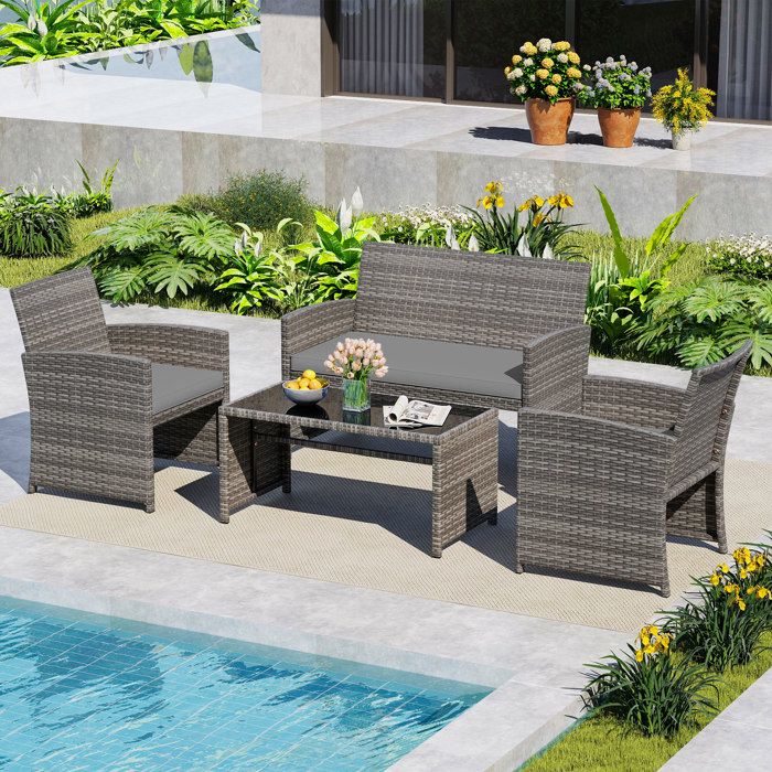 COSTWAY Ensemble 4 PCS Table et Chaises de Jardin en Rotin PE Mélange Gris Canapé 2 Places Mobilier dExtérieur avec Coussin Gris