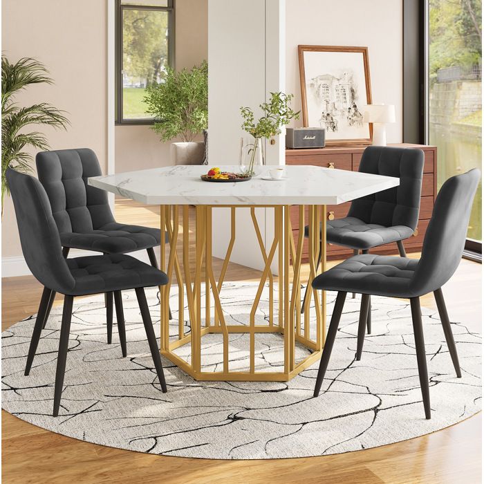 Ensemble table et chaises pour cuisine. 4 chaises de salle à manger en velours+1 table en MDF. blanc+gris