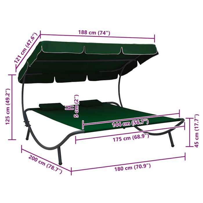 Lit de repos dextérieur pour terrasse - Magnifique - Bain de Soleil simple - avec auvent et oreillers Vert 992591