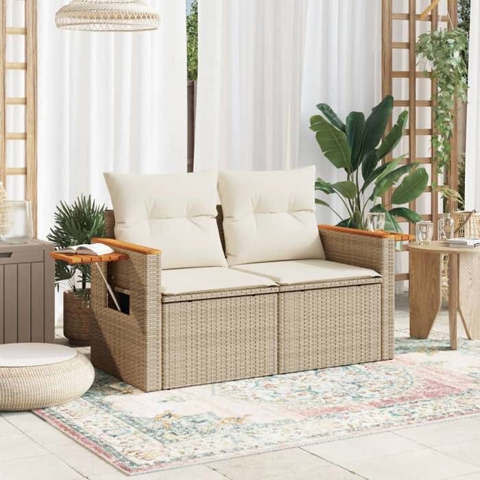 Beige Siège de jardin -  Canapé de jardin - avec coussins - 2 places - beige résine tressée C3634
