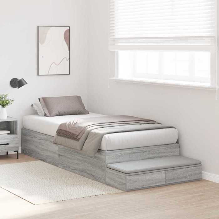 Lit 100cm - VIDAXL - Cadre de lit MODERNE - avec rangement avec tiroir Gris Sonoma 100 cm L16295