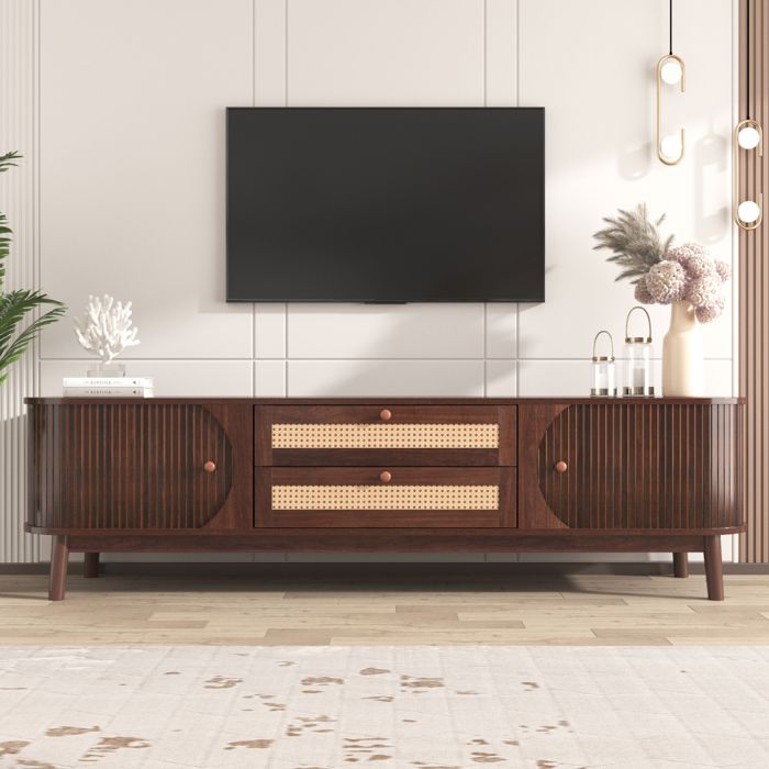 Meuble TV Bas 170 cm en Bois Massif et Rotin Style Maison de Campagne 2 Tiroirs 2 Portes Coulissantes Pour Salon Marron