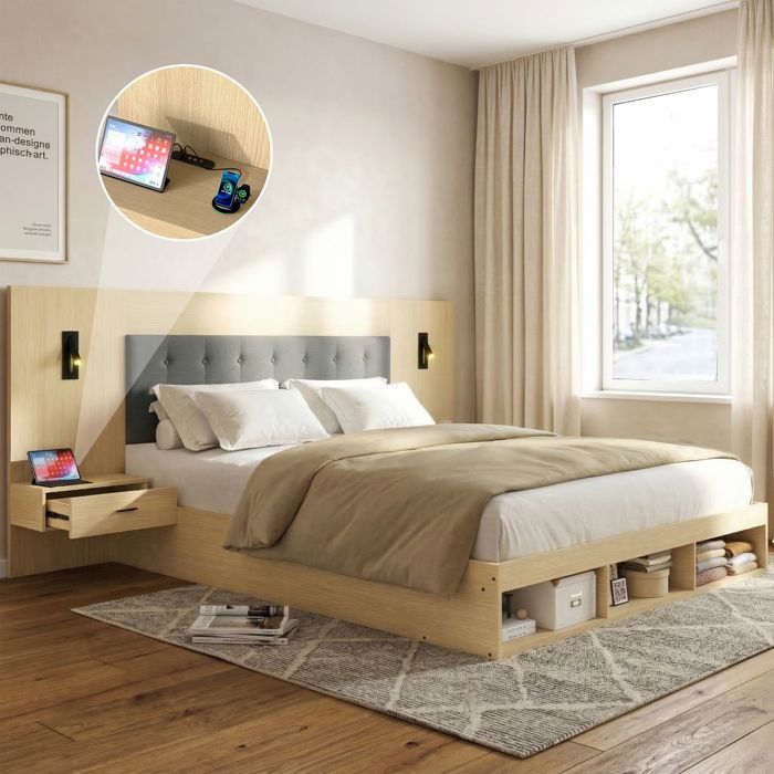 lit avec rangement 160x200 rangement intégré lit double bois chêne clair ports USB Type-C lampe lecture 2 tables de chevet