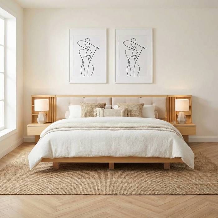 Lit adulte 180x200 cm flottant avec USB. tête de lit rangement et tiroirs. structure stable. bois naturel