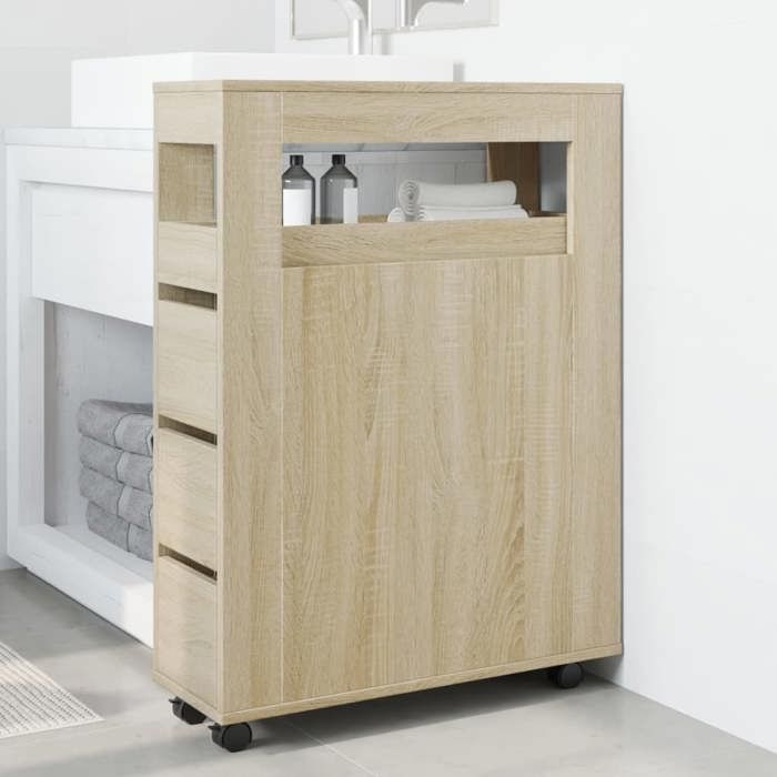 (16949)Moderne Meuble étroit de salle de bain à roulettes avec stockage chêne sonoma poid:26 kg