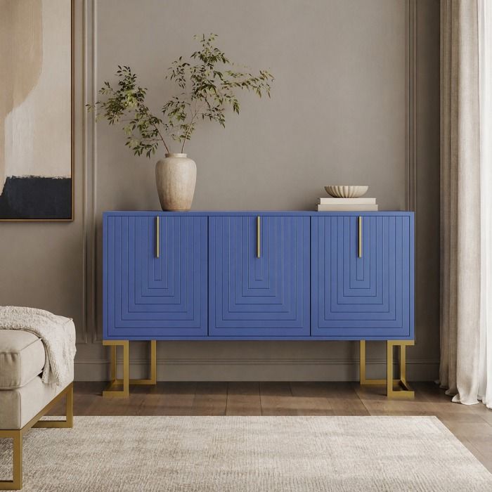 Buffet bas 3 portes avec étagères réglables - ELVMI - en MDF et métal Bleu marine 138 × 40 × 805 cm