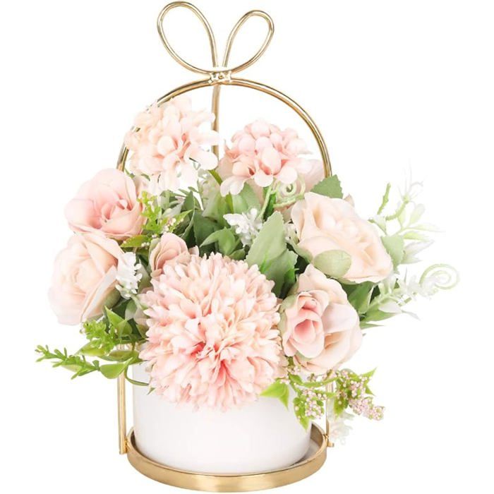 Fleurs artificielles en soie avec vase centre de Pot Blanc Rose - Arrangement floral pour décoration de  FLEUR-PLANTE ARTIFICIELLE