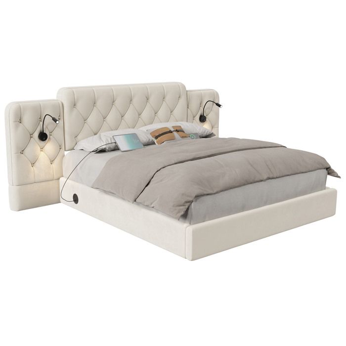 Cadre de lit 160 x 200 cm avec grand rangement inférieur velours beige USB lampe et tête longue