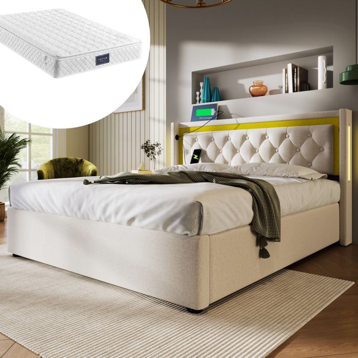 Lit coffre 140x200 avec matelas - LED - USB/USB-C - beige - tête de lit capitonnée