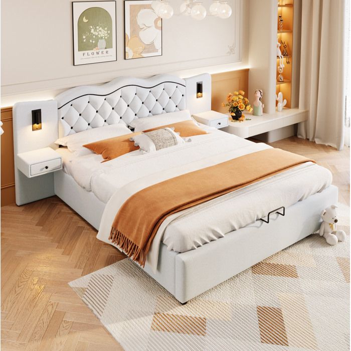 Lit coffre 180×200cm - tête de lit intégrée - port USB - 2 lampes et sommier - Lin beige (sans matelas)