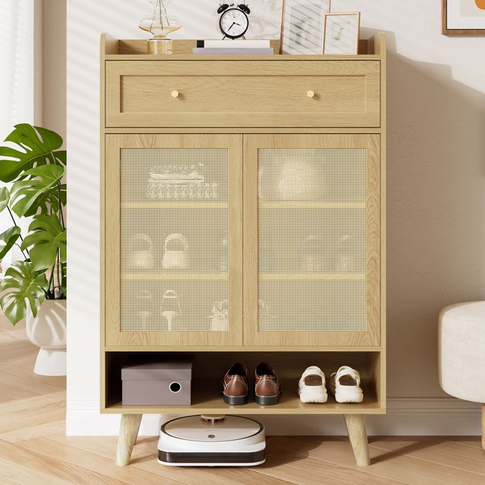 Armoire de rangement en rotin - Dimensions 80x105x35 cm - Chêne clair - Panneau de particules - 4 étagères réglables