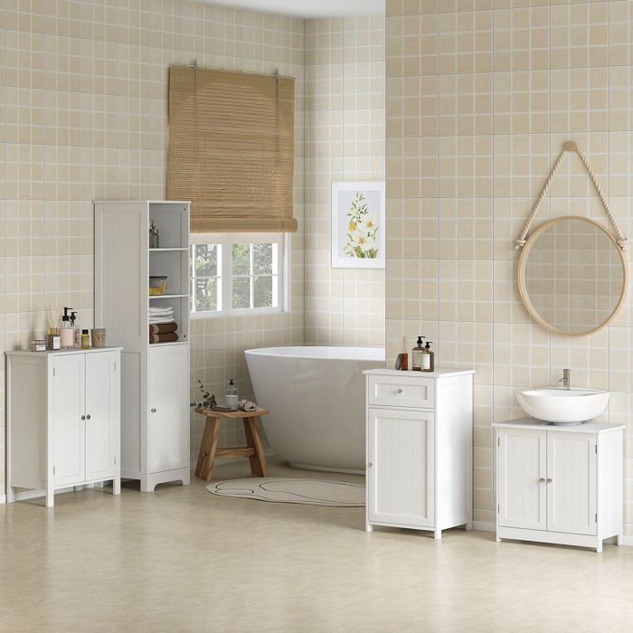 Meuble sous-lavabo - 60 x 30 x 60 cm - Blanc - 2 portes étagère réglable - Découpe en U compatible lavabo colonne