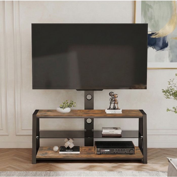Meuble TV marron avec support TV intégré orientable hauteur réglable 3 niveaux verre trempé noir 32 à 65 pouces