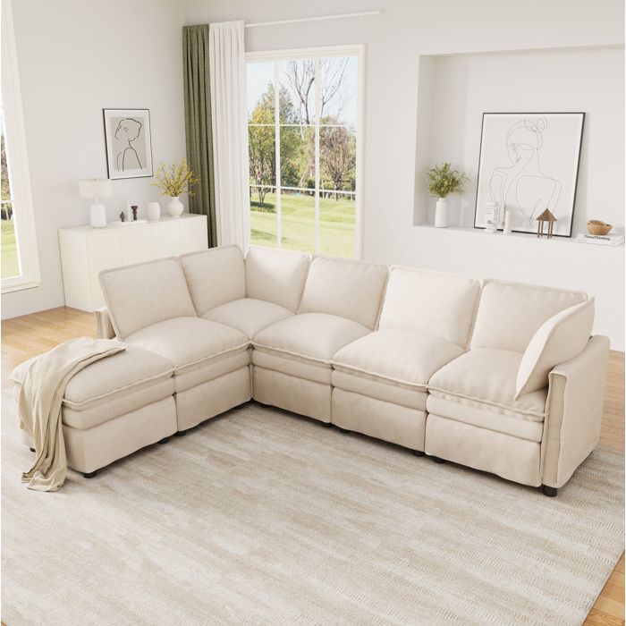 WUVRIE Canape modulable XXL 6 a 7 places en chenille beige forme L ou U avec pouf mobile