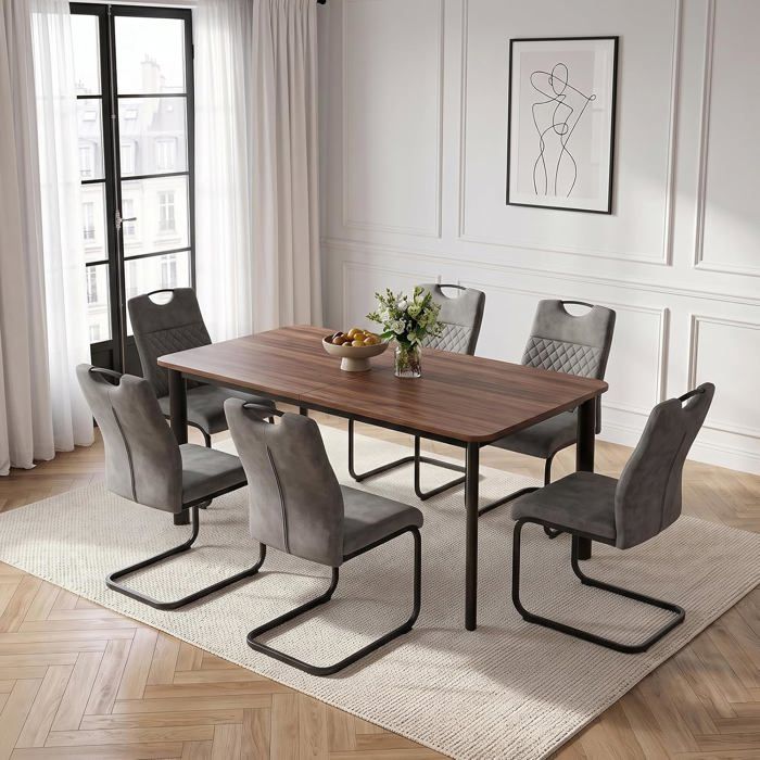 JIEXI Lot 6 tables salle à manger extensibles grises chaises capitonnées porte-à-faux tissu gris meubles repas salon bureau