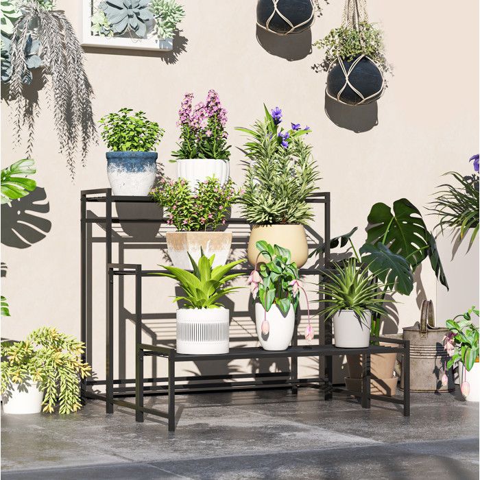Support pour plantes 3 niveaux 75 x 70 x 66 cm noir en métal pour intérieur et extérieur