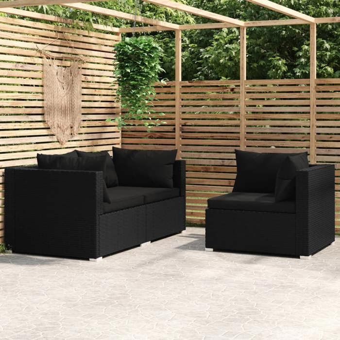 Salon de jardin (lot de 3) Design modulaire avec coussins Noir Résine tressée - Petit canapé balcon LL2154