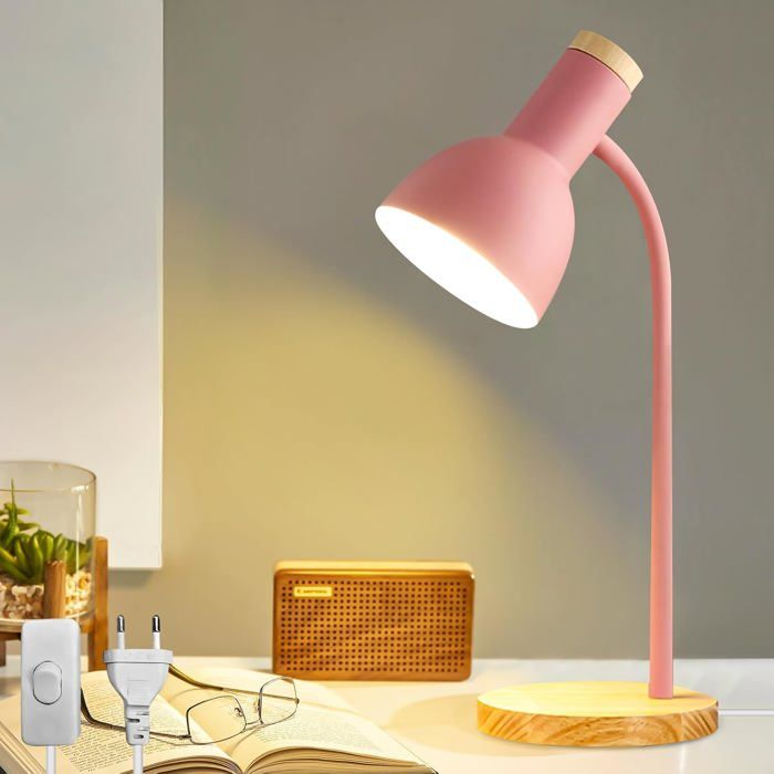 1x Lampe de bureau enfant LED base en bois bras flexible réglable et socle E27 pour lecture étude chambre ou salon (Rose)