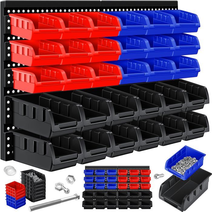 Bacs empilables muraux - MASKO - 32 pièces - Noir / Bleu / Rouge - 12 bacs noirs 165 x 105 x 75 mm