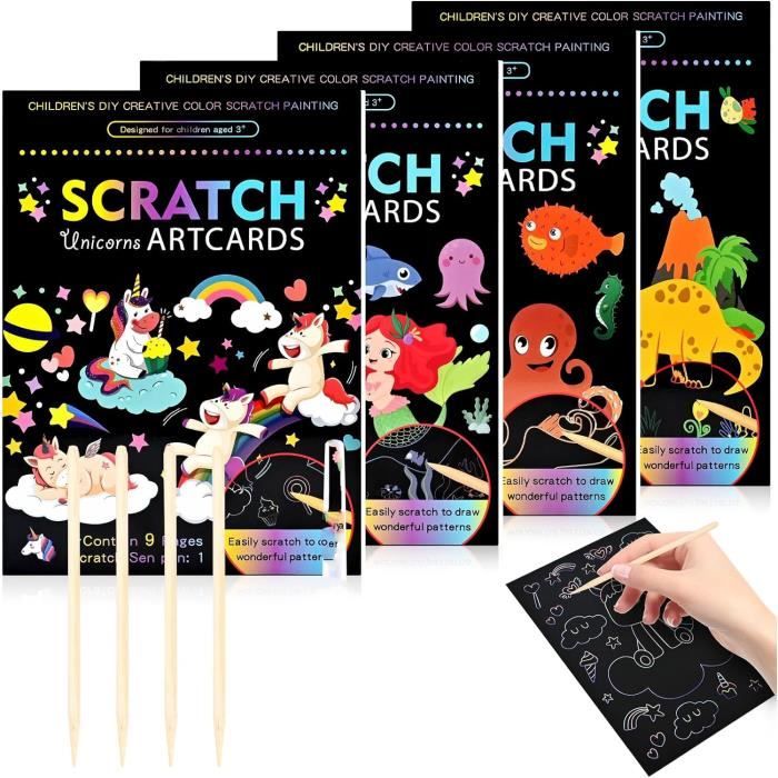 Kit De Scratch Art 41 Pièces – Papier Arc-en-ciel à Gratter, 36 Feuilles, 4 Stylets Bois, Brosse – Activité Créative Pour Enfants Dès 3 Ans